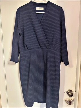 MM.LaFleur Navy Pinstripe Wrap Midi Dress Size 14 Like New